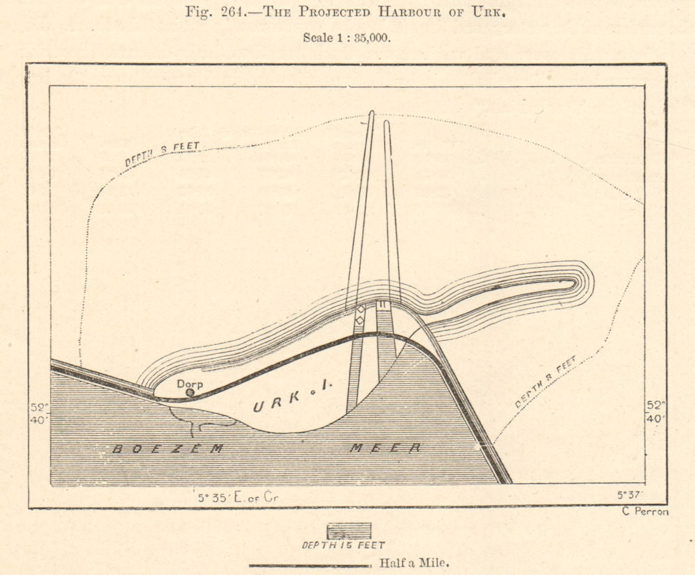 The Projected Harbour of Urk. Netherlands. Sketch map 1885 old antique